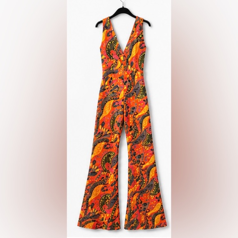 Retro 70’s Orange Paisley Wide Leg Jumpsuit - Picture 3 of 6